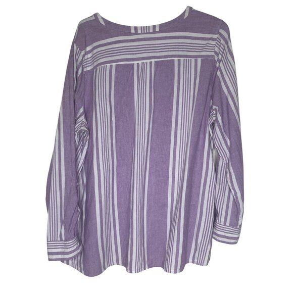 D & Co Linen Blend Blouse Womens XL Purple Striped Tunic Top Roll Tab Sleeves R - Picture 5 of 10